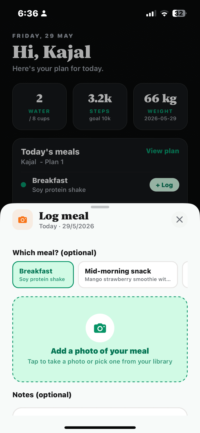 Nutrena CRM dashboard showing daily holistic tracking for a wellness client