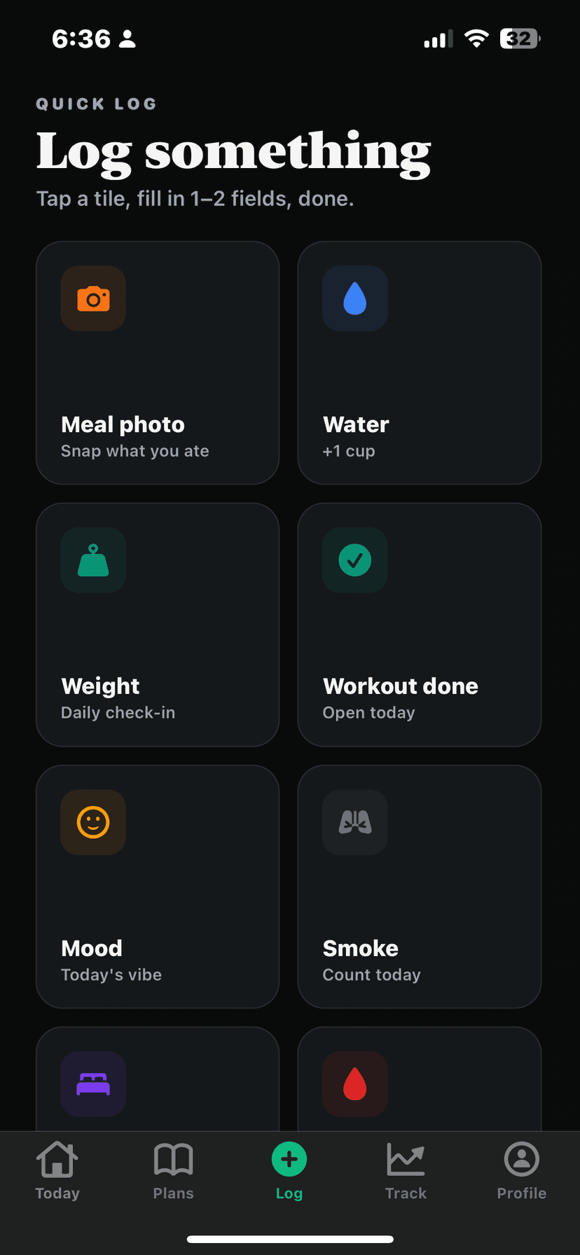 White Label Dietitian App interface showing the client Quick Log dashboard